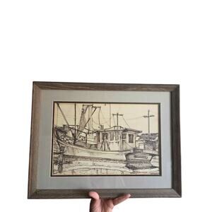 Vintage 60s MCM Fishing Boat Drawing Art Signed Wood Framed Nautical Retro